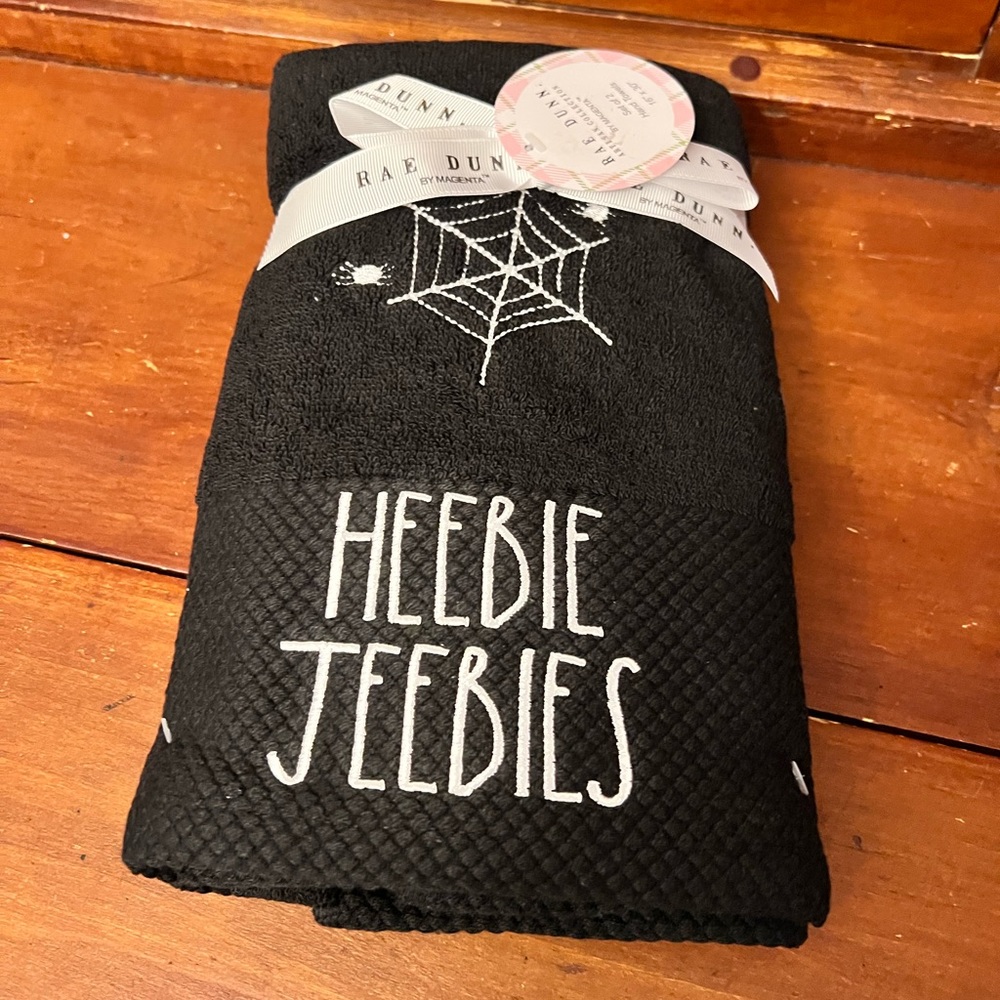 New Rae Dunn Halloween set of two black hand towels Heebie Jeebies